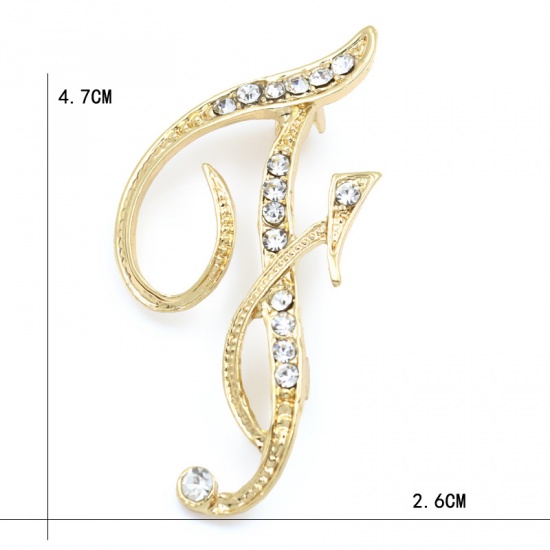 Picture of Pin Brooches Capital Alphabet/ Letter Message " F " Gold Plated Clear Rhinestone 47mm x 26mm, 1 Piece