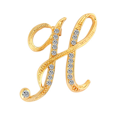 Picture of Pin Brooches Capital Alphabet/ Letter Message " H " Gold Plated Clear Rhinestone 45mm x 35mm, 1 Piece
