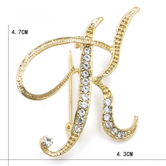 Picture of Pin Brooches Capital Alphabet/ Letter Message " K " Gold Plated Clear Rhinestone 47mm x 43mm, 1 Piece