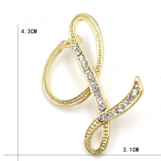 Picture of Pin Brooches Capital Alphabet/ Letter Message " L " Gold Plated Clear Rhinestone 43mm x 31mm, 1 Piece