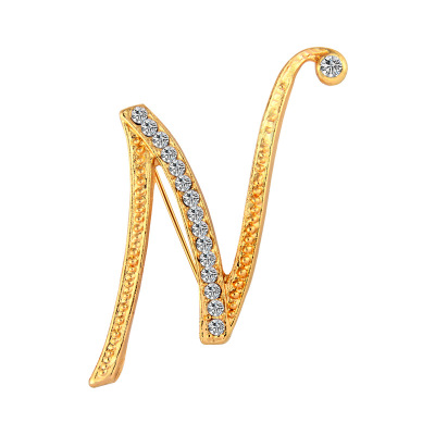 Picture of Pin Brooches Capital Alphabet/ Letter Message " N " Gold Plated Clear Rhinestone 53mm x 37mm, 1 Piece