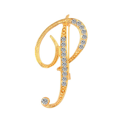 Picture of Pin Brooches Capital Alphabet/ Letter Message " P " Gold Plated Clear Rhinestone 51mm x 26mm, 1 Piece