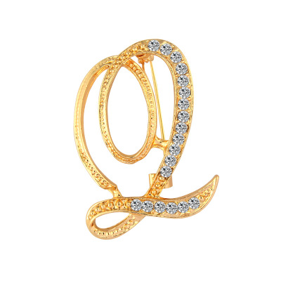Picture of Pin Brooches Capital Alphabet/ Letter Message " Q " Gold Plated Clear Rhinestone 40mm x 30mm, 1 Piece