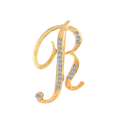 Picture of Pin Brooches Capital Alphabet/ Letter Message " R " Gold Plated Clear Rhinestone 39mm x 30mm, 1 Piece