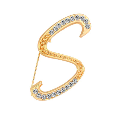 Picture of Pin Brooches Capital Alphabet/ Letter Message " S " Gold Plated Clear Rhinestone 43mm x 31mm, 1 Piece
