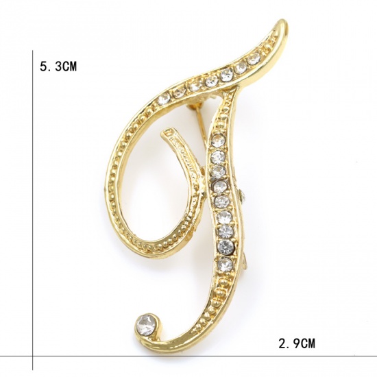 Picture of Pin Brooches Capital Alphabet/ Letter Message " T " Gold Plated Clear Rhinestone 53mm x 29mm, 1 Piece