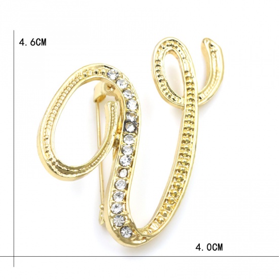 Picture of Pin Brooches Capital Alphabet/ Letter Message " V " Gold Plated Clear Rhinestone 46mm x 40mm, 1 Piece