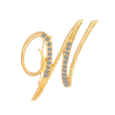 Picture of Pin Brooches Capital Alphabet/ Letter Message " W " Gold Plated Clear Rhinestone 63mm x 40mm, 1 Piece