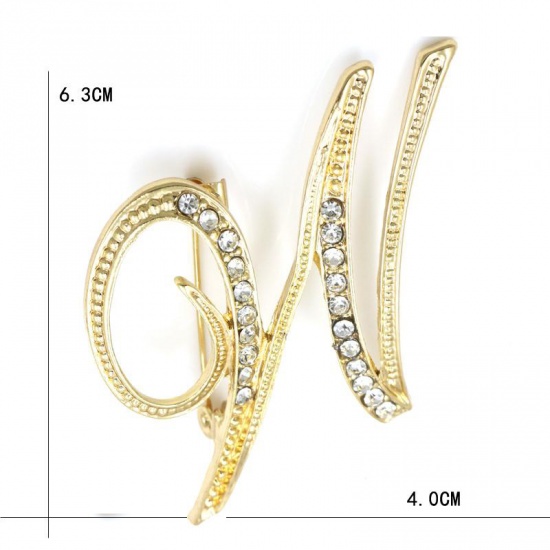 Picture of Pin Brooches Capital Alphabet/ Letter Message " W " Gold Plated Clear Rhinestone 63mm x 40mm, 1 Piece