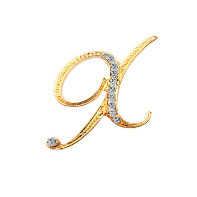Picture of Pin Brooches Capital Alphabet/ Letter Message " X " Gold Plated Clear Rhinestone 60mm x 39mm, 1 Piece
