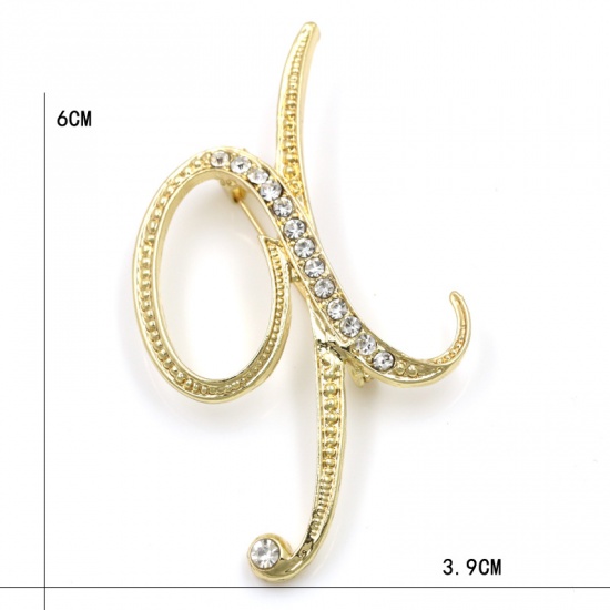 Picture of Pin Brooches Capital Alphabet/ Letter Message " X " Gold Plated Clear Rhinestone 60mm x 39mm, 1 Piece