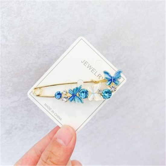 Picture of Pin Brooches Butterfly Animal Gold Plated Blue Clear & Blue Rhinestone 70mm x 25mm, 1 Piece
