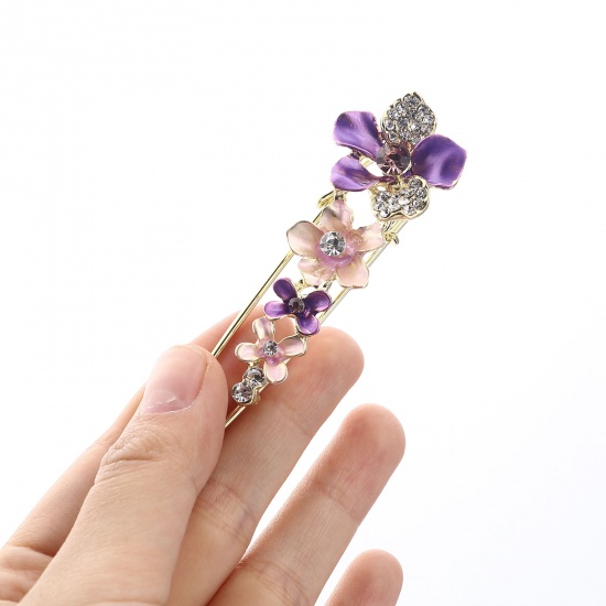 Picture of Pin Brooches Flower Gold Plated Purple Clear Rhinestone 70mm x 25mm, 1 Piece