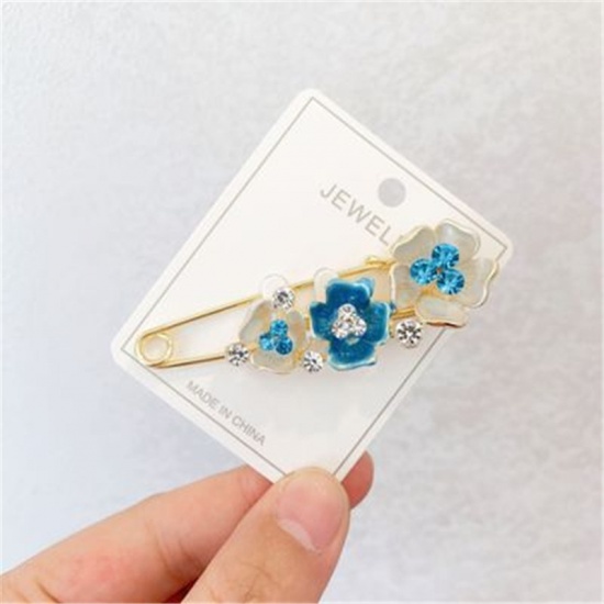 Picture of Pin Brooches Flower Gold Plated Blue Clear Rhinestone 70mm x 25mm, 1 Piece