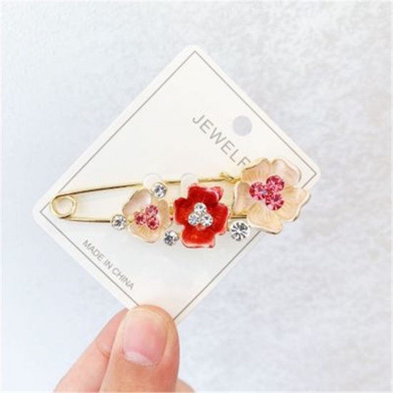 Picture of Pin Brooches Flower Gold Plated Red Clear Rhinestone 70mm x 25mm, 1 Piece