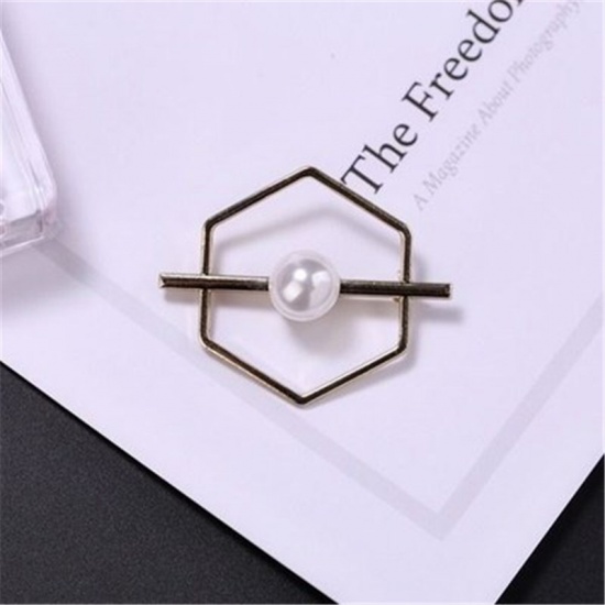Picture of Pin Brooches Geometric Gold Plated White Imitation Pearl 1 Piece