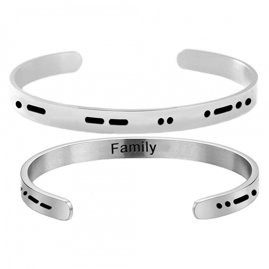 Picture of Stainless Steel Morse Code Open Cuff Bangles Bracelets Silver Tone Message " FAMILY " 60mm Dia., 1 Piece