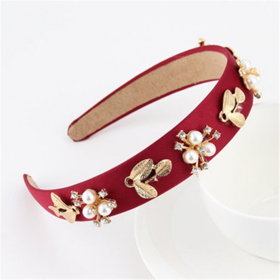 Picture of Velvet Headband Red Leaf Pattern Imitation Pearl Clear Rhinestone 1 Piece