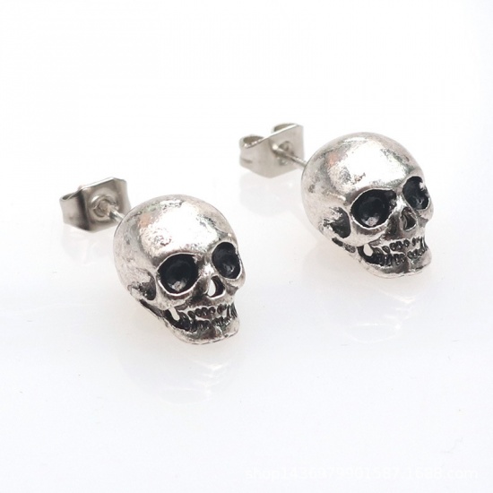 Изображение Halloween Ear Post Stud Earrings Antique Silver Color Skull 1 Pair