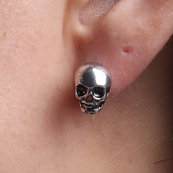 Immagine di Halloween Ear Post Stud Earrings Antique Silver Color Skull 1 Pair