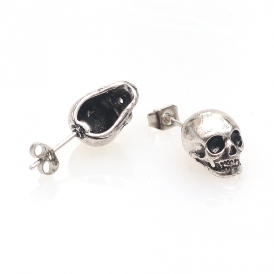 Immagine di Halloween Ear Post Stud Earrings Antique Silver Color Skull 1 Pair