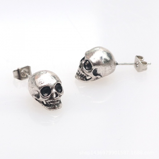 Immagine di Halloween Ear Post Stud Earrings Antique Silver Color Skull 1 Pair