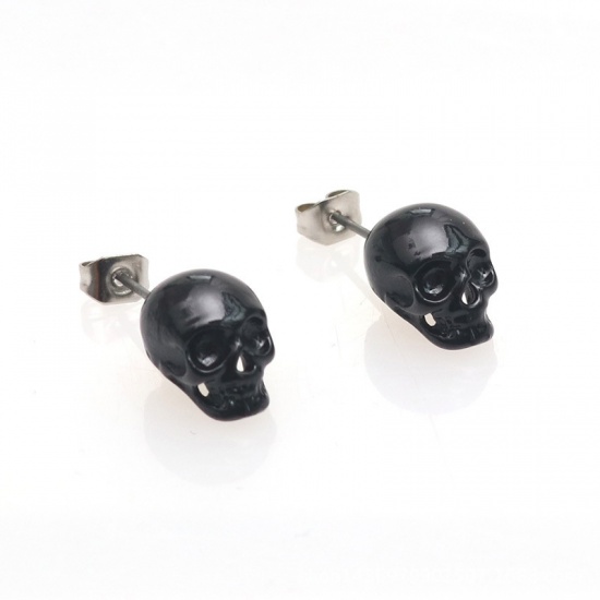 Imagen de Halloween Ear Post Stud Earrings Black Skull 1 Pair