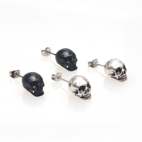 Immagine di Halloween Ear Post Stud Earrings Black Skull 1 Pair