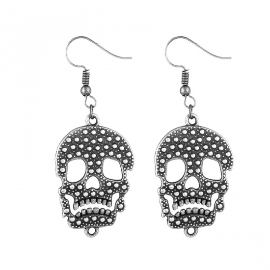 Picture of Halloween Earrings Antique Silver Color Skull 1 Pair