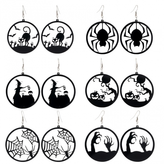Picture of Halloween Earrings Black Round Cat 1 Pair