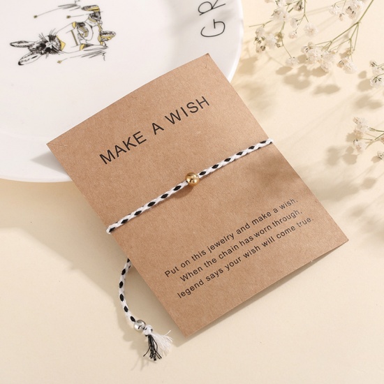 Picture of Stainless Steel Greeting Card Jewelry Braided Bracelets Gold Plated Black & White Round Tassel Adjustable 1 Piece