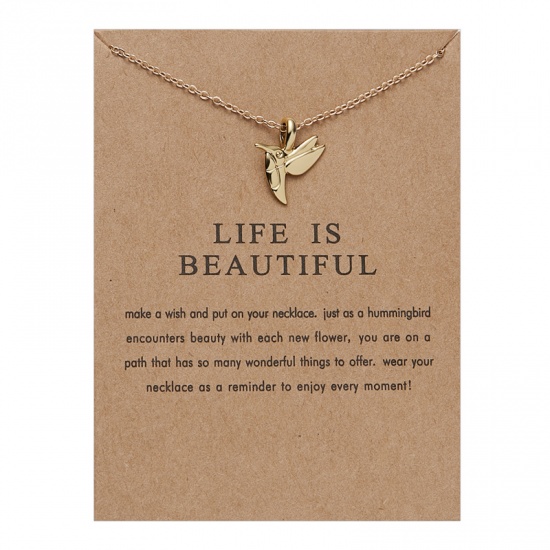 Imagen de Greeting Card Jewelry Necklace Gold Plated Hummingbird 1 Piece