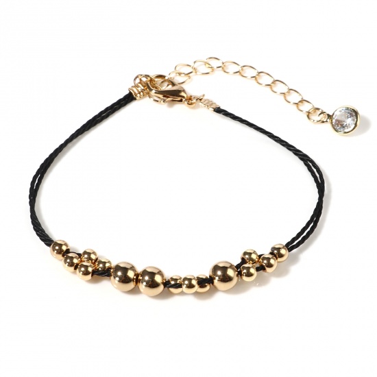 Изображение CCB Plastic Boho Chic Bohemia Braided Bracelets Gold Plated Black Round Adjustable 16.5cm(6 4/8") long, 1 Piece