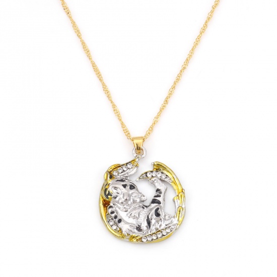 Picture of Necklace Gold Plated & Silver Tone C Shape Tiger Clear Rhinestone 45cm(17 6/8") long, 1 Piece