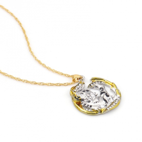 Picture of Necklace Gold Plated & Silver Tone C Shape Tiger Clear Rhinestone 45cm(17 6/8") long, 1 Piece