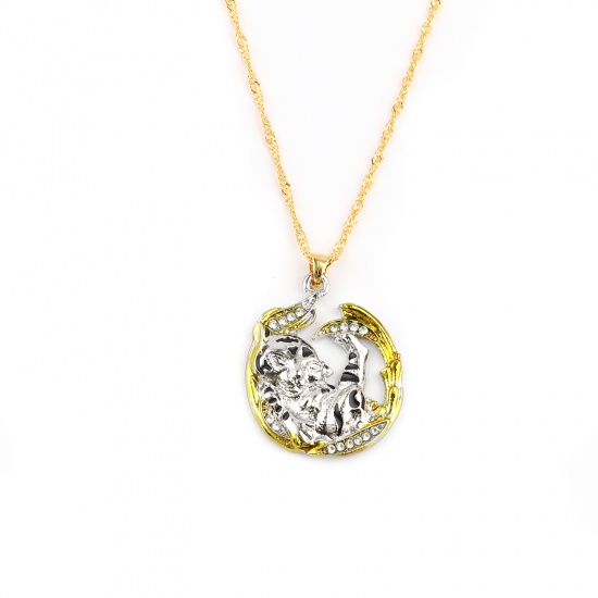 Picture of Necklace Gold Plated & Silver Tone C Shape Tiger Clear Rhinestone 50cm(19 5/8") long, 1 Piece