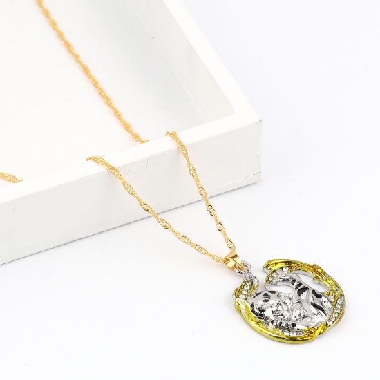 Picture of Necklace Gold Plated & Silver Tone C Shape Tiger Clear Rhinestone 50cm(19 5/8") long, 1 Piece