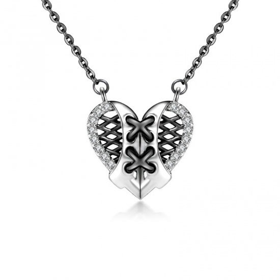 Immagine di Necklace Silver Tone Black Heart Grid Checker Clear Rhinestone Plating 60cm(23 5/8") long, 1 Piece