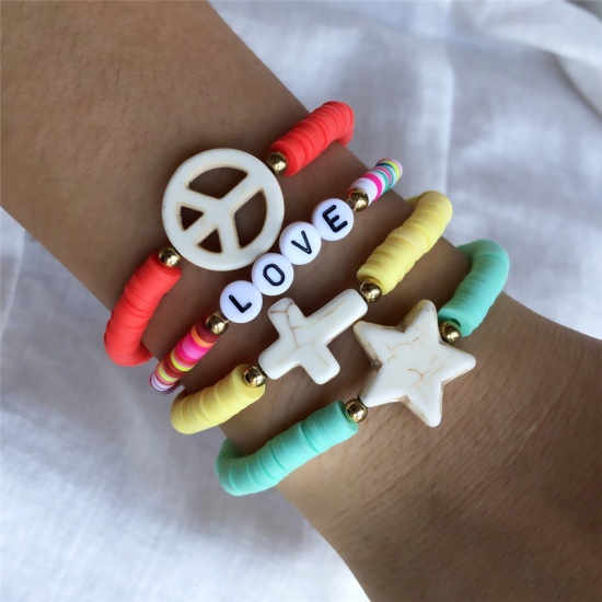 Imagen de Polymer Clay Boho Chic Bohemia Dainty Bracelets Delicate Bracelets Katsuki Beaded Bracelet Mixed Color Cross Pentagram Star Message " LOVE " Elastic 18cm(7 1/8") long, 1 Set ( 4 PCs/Set)