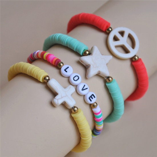 Picture of Polymer Clay Boho Chic Bohemia Dainty Bracelets Delicate Bracelets Katsuki Beaded Bracelet Mixed Color Cross Pentagram Star Message " LOVE " Elastic 18cm(7 1/8") long, 1 Set ( 4 PCs/Set)