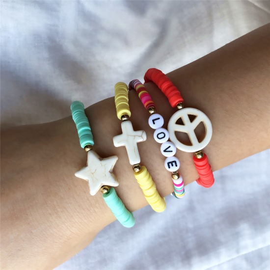 Picture of Polymer Clay Boho Chic Bohemia Dainty Bracelets Delicate Bracelets Katsuki Beaded Bracelet Mixed Color Cross Pentagram Star Message " LOVE " Elastic 18cm(7 1/8") long, 1 Set ( 4 PCs/Set)