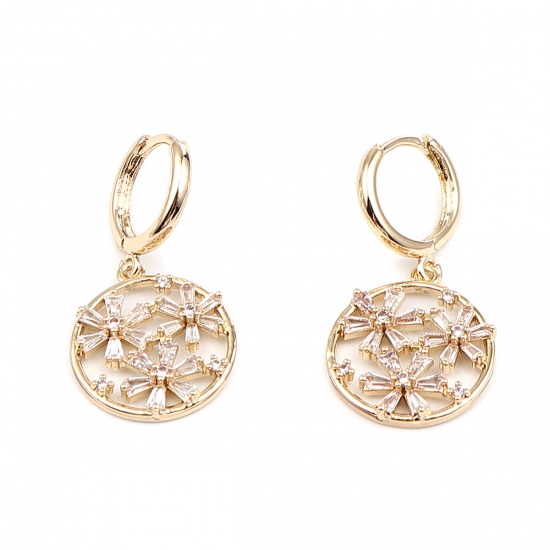 Picture of Hoop Earrings Real Gold Plated Round Flower Clear Rhinestone 34mm x 17mm, Post/ Wire Size: (17 gauge), 1 Pair