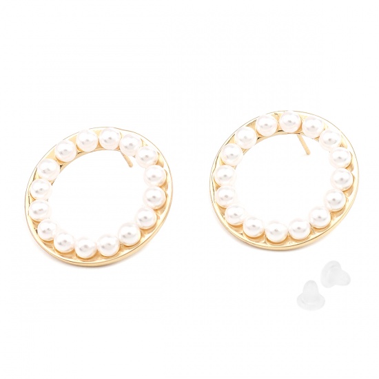 Picture of Ear Post Stud Earrings Real Gold Plated White Circle Ring Imitation Pearl 27mm Dia., 1 Pair