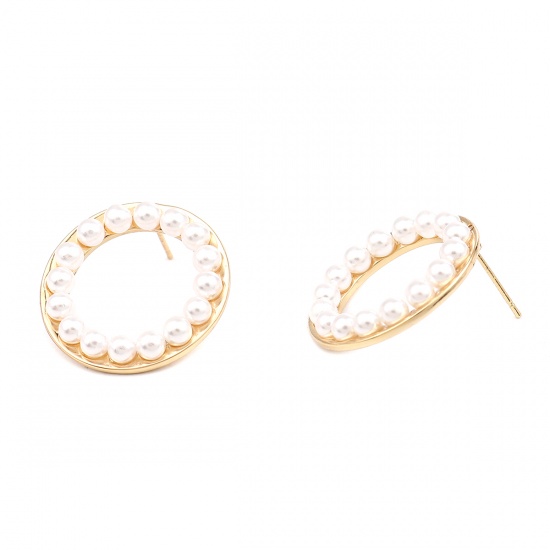 Picture of Ear Post Stud Earrings Real Gold Plated White Circle Ring Imitation Pearl 27mm Dia., 1 Pair