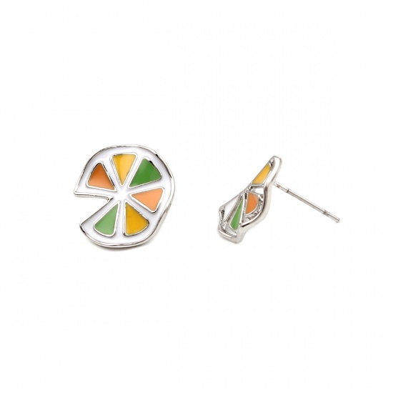 Picture of Ear Post Stud Earrings Silver Tone Multicolor Orange Enamel 16mm x 16mm 16mm x 9mm, Post/ Wire Size: (21 gauge), 1 Pair