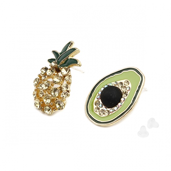 Picture of 1 Pair Exquisite 16K Gold Color Green Avocado Fruit Pineapple Enamel Asymmetric Earrings 28x18mm 25x18mm, Post/ Wire Size: (21 gauge)