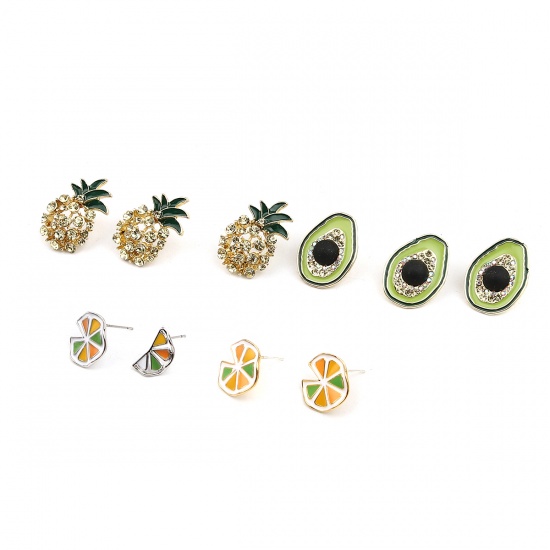 Picture of 16K Gold Color Green Avocado Fruit Pineapple Enamel Ear Post Stud Earrings 28mm x 18mm, Post/ Wire Size: (21 gauge), 1 Pair
