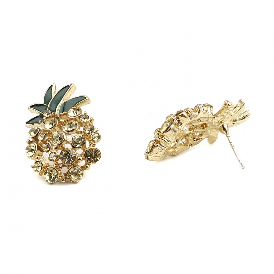 Picture of 16K Gold Color Green Pineapple/ Ananas Fruit Enamel Ear Post Stud Earrings 29mm x 18mm, Post/ Wire Size: (21 gauge), 1 Pair