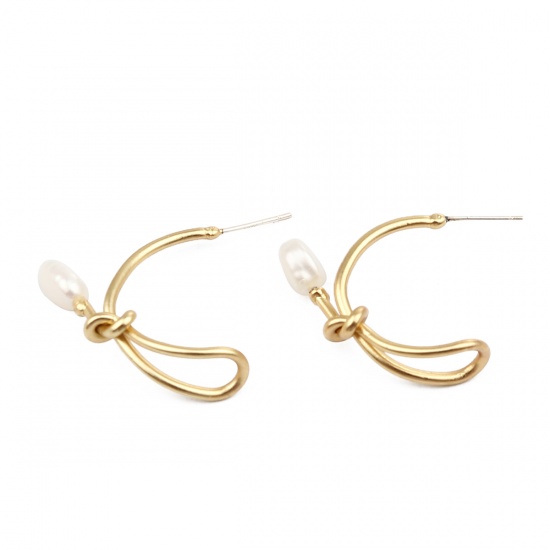 Immagine di Pearl Ear Post Stud Earrings Matt Gold White Rope Knot 34mm x 30mm, Post/ Wire Size: (21 gauge), 1 Pair