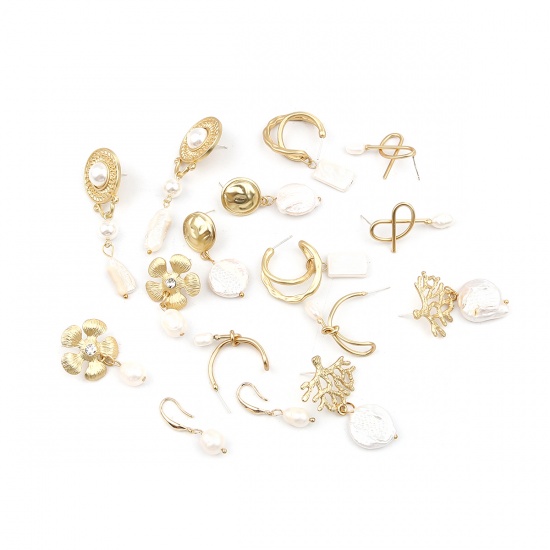 Picture of Pearl Ear Post Stud Earrings Matt Gold White Rope Knot 34mm x 30mm, Post/ Wire Size: (21 gauge), 1 Pair